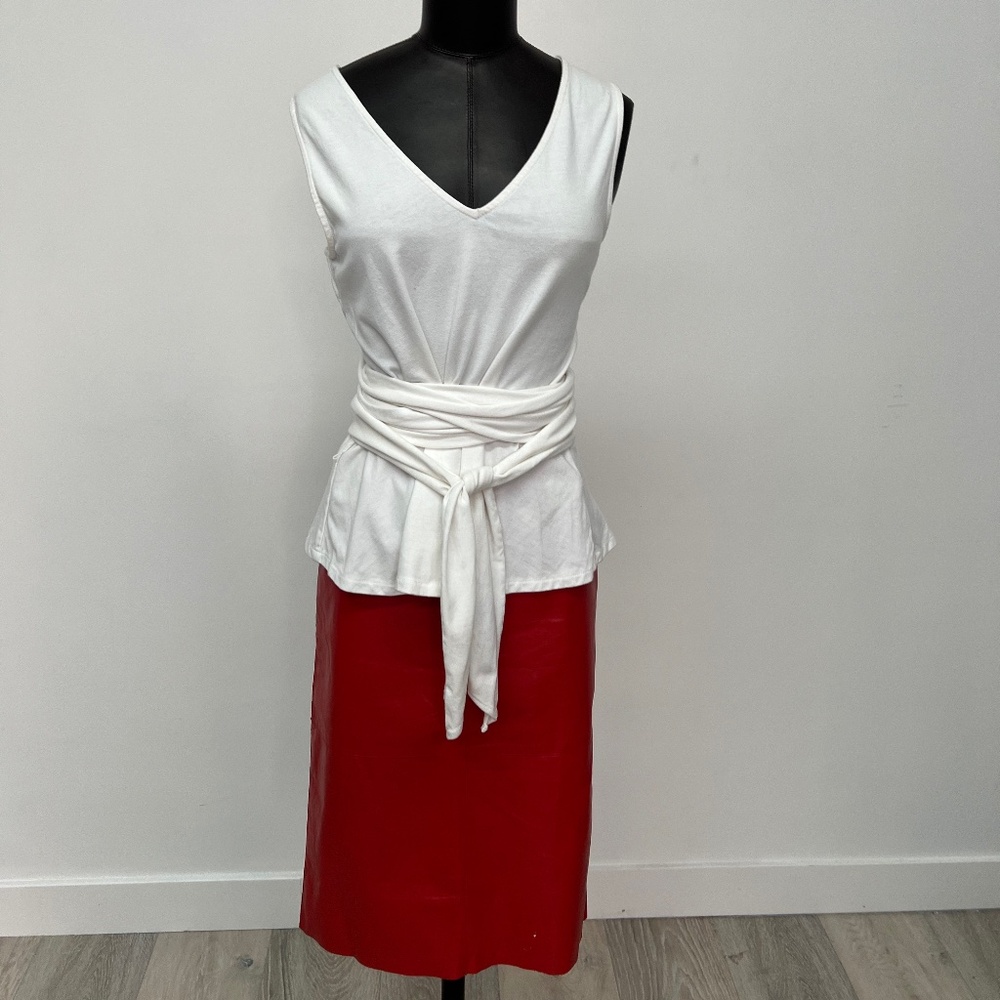 White Wrap Tie Tank Top & Red Leather Pencil Skirt | Modern Minimalist Look